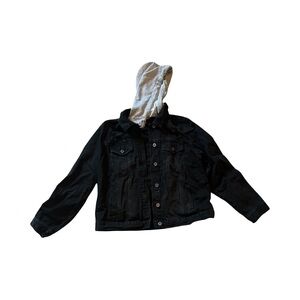 Women's Black Denim Jacket with Gray Hood
